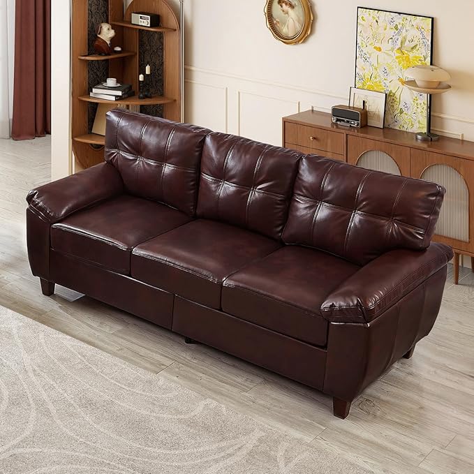 79-inch 3 Seater Couch with Storage Mid-Century Vintage Retro Faux Leather PU Upholstery Tufted Cloud Comfy Deep Seat Sofa Couch for Living Room Office Apartment Burgundy