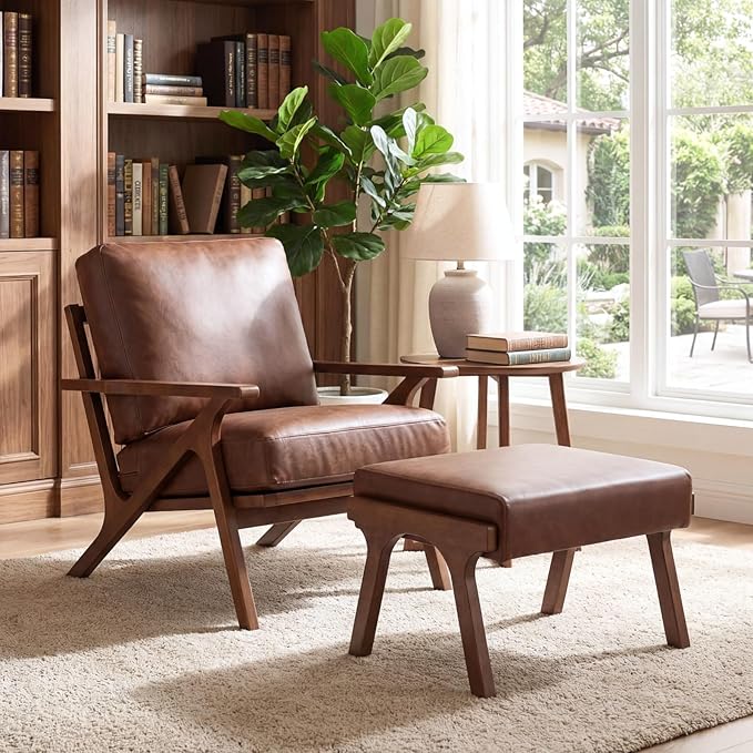 chairus Mid-Century Modern Brown Faux Leather Accent Chair with Ottoman Comfy Upholstered Lounge Armchair with Removable Cushion &amp Solid Wood Frame Retro Reading Chair for Living Room Bedroom Of