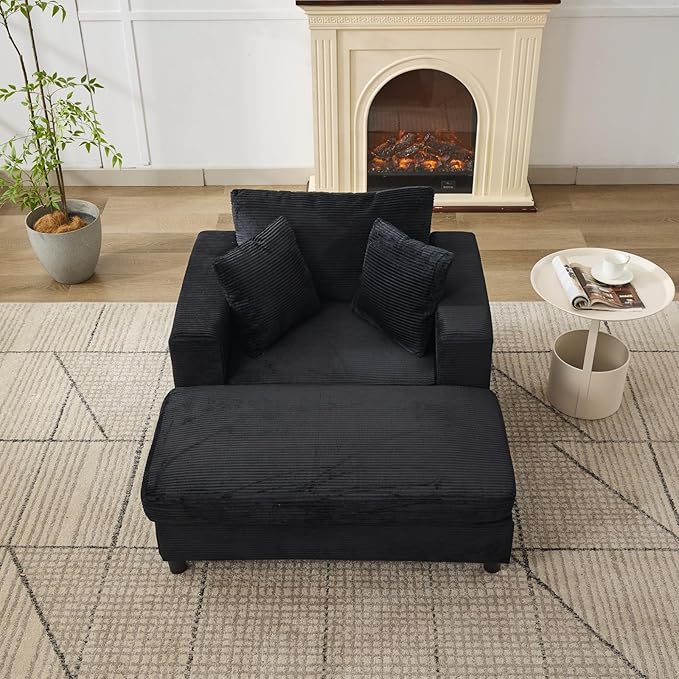 Chaise Lounge Chair with Removable Ottoman Modern Corduroy Accent Sleeper Sofa Bed with Pillows Deep Seat Upholstered Armchair for Living Room Bedroom (Black)