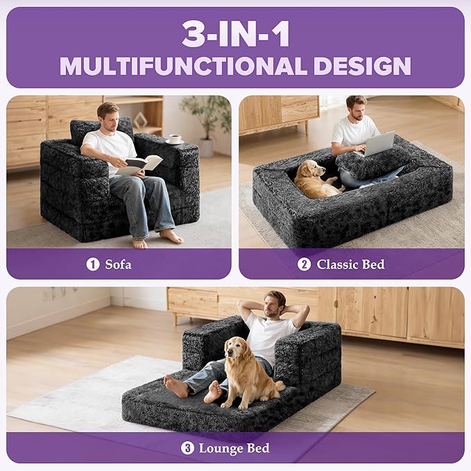 HABUTWAY Convertible Sofa Bed 3-in-1 Futon Sofa Bed with Pillow Foldable Pull Out Floor Sofa Bed with Removable Cover Plush Boneless Couch for Living Room/Bedroom/Dorm