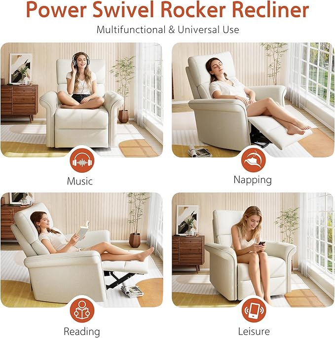 Power Swivel Rocker Recliner Chair for Nursery Upholstered Snowflake Velvet 270°Swivel Glider Rocker Chair with USB Ports Small Power Recliners for Small Spaces Living Room