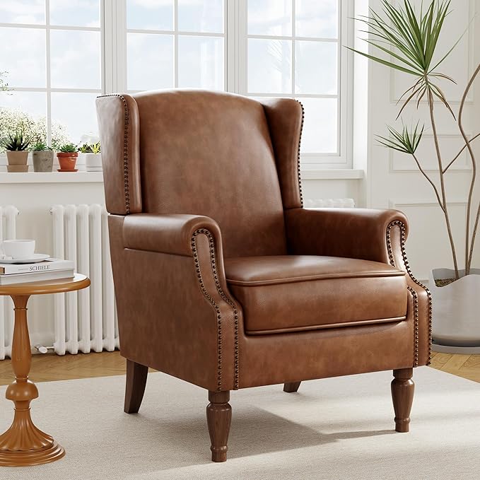 Floral High Back Accent Chair Upholstered Armchair with Solid Wood Legs Comfy Wingback Reading Single Sofa Chair for Small Spaces Living Room Bedroom(Leather Brown Set of 1)