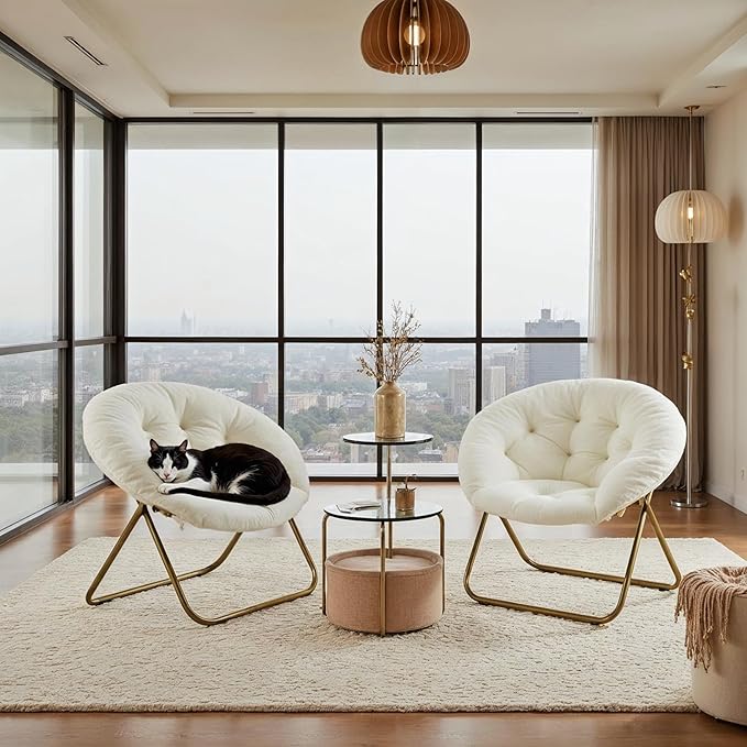 HealSmart Saucer Chair Comfy Faux Fur Chair for Bedroom Saucer Chairs for Adults Teens Round Shaped Moon Chair with Foldable Metal Frame White