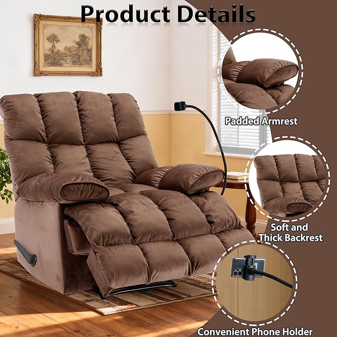 Oversized Recliner Chair with Phone Holder Manual Velvet Big Man Recliners Supports Up to 400 LBS Extra Wide Recliner Chairs for Bedroom Living Room and Home Theater Brown