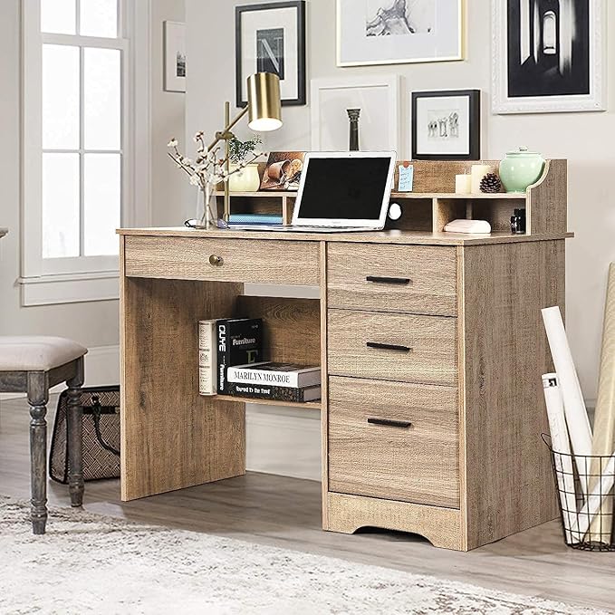 Catrimown Computer Desk with 4 Drawers and Hutch Wood Executive Desks with File Drawer and Shelves Small Desk Study Table for Bedroom Student Teen Writing Laptop Table Grey