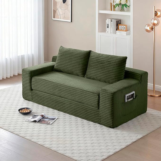 73 Memory Foam Cloud Loveseat Sofa 2 in 1 Convertible Folding Couch Bed Compressed Corduroy Floor Lounge Sofa No Assembly for Apartment Office Bedroom Living Room (Green)