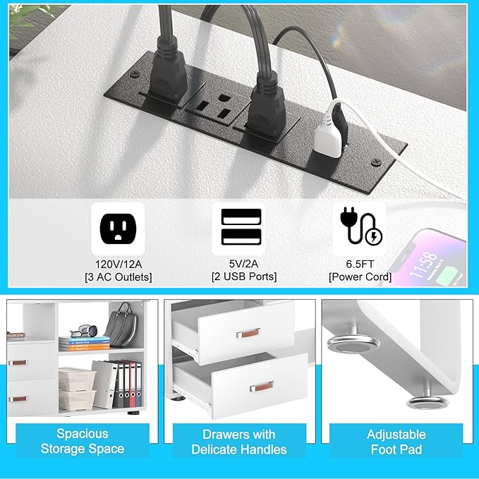 Homieasy L Shaped Desk with File Cabinet &amp Power Outlet Reversible 55 Inch Large Corner Computer Desks with LED Strip L-Shaped Desk with Drawers and Storage Shelves for Home Office White