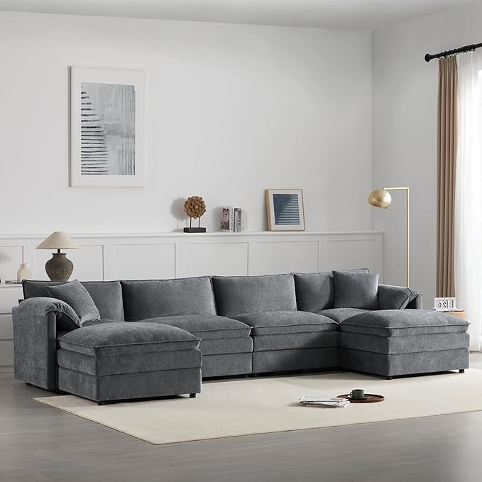 136 Chenille U-Shaped Modular Sectional Sofa with Deep and Wide SeatCloud Couch Set with Double Cushions6 Seat Sofa with Movable Ottomanfor Living Room Apartment Office (Dark Gray#h)