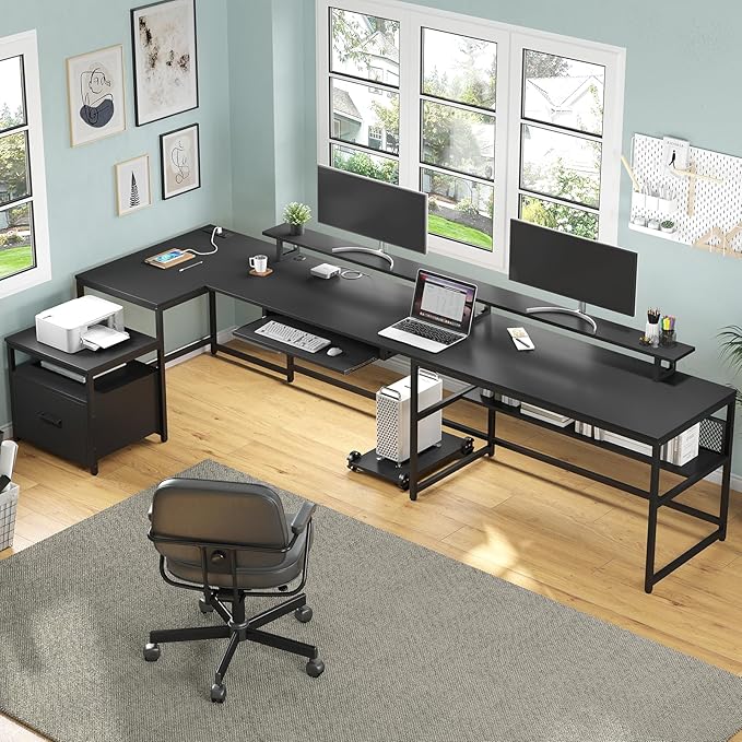 SEDETA U Shaped Desk Reversible L Shaped Home Office Desk with File Drawer &amp Power Outlet 101.5'' Computer Two Person Desk with Monitor Shelf Keyboard Tray Gaming Desk Black