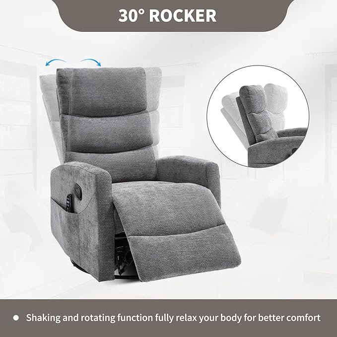 PELUMY 360° Swivel Rocker Recliner with Heat &amp Vibration Massage Glider Rocking Chair for Adults Compact Recliner for Living Room Small Spaces Nursery Bedroom (Chenille Grey)