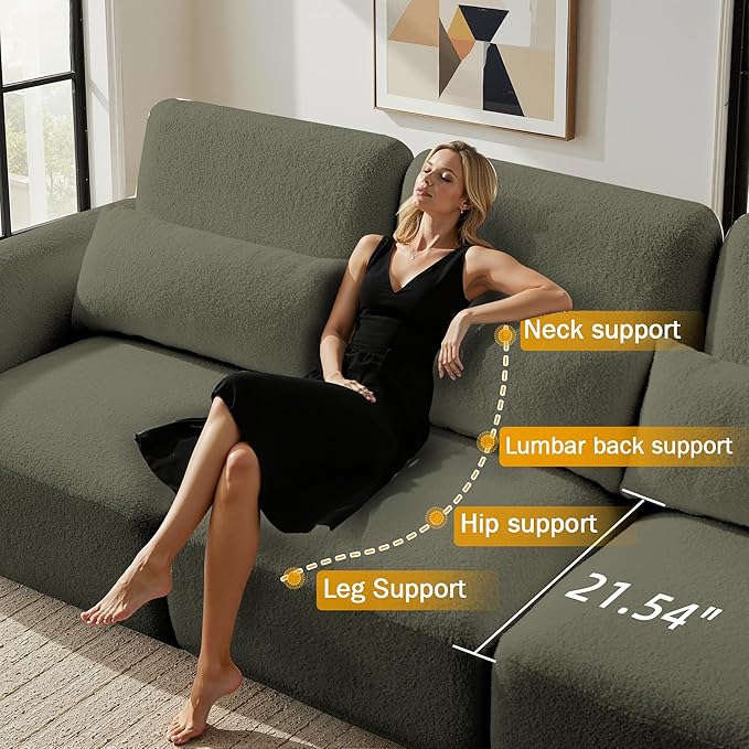 Sectional Sofa Couch Modern U Shaped Sectional Couch with Ottoman Modular Sectional Sofa Cloud Couches for Living Room (Green 3 Set + 1 Ottoman)