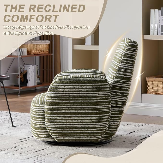 360° Swivel Accent Chair with Armrest Modern Striped Upholstered Lounge Chair Stable Round Base &amp Sturdy Metal Frame Armchair for Bedroom Living Room Office &amp Vanity (Olive Green)