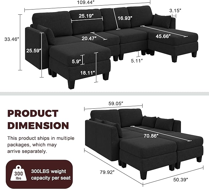 Modular Sectional Sofa Comfy Cloud Couch Sectionals Convertible Modular Couch with High Density Memory Foam 6 Seat U Shaped Sectional Couches for Living Room Washable Cover Black | Comfortable C