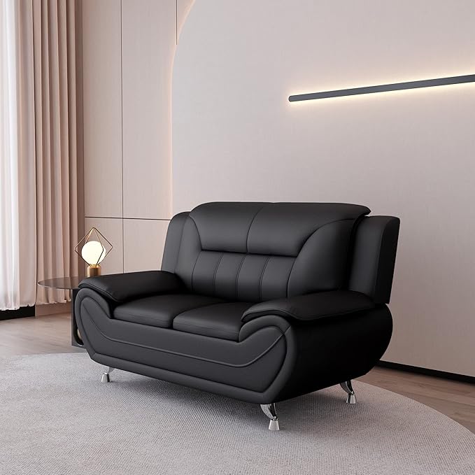 Michael Modern Faux Leather Upholstered Stainless Steel Legs Living Room Loveseat Midnight Black