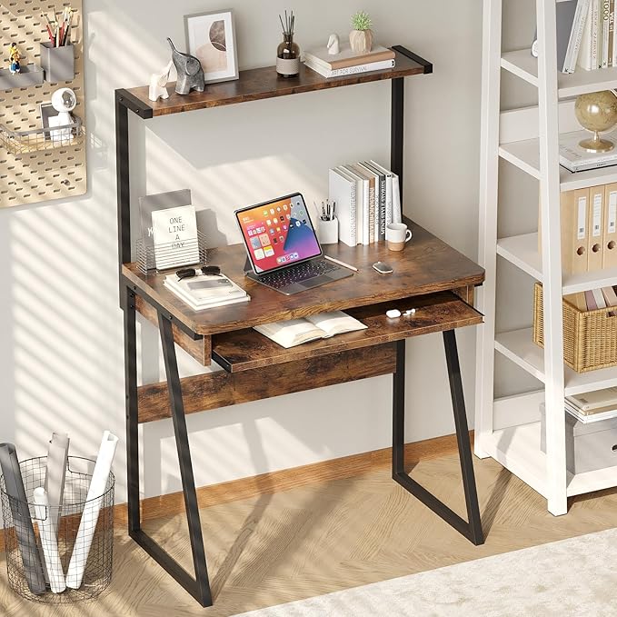 ALISENED 2 Tiers Small Computer Desk for Small Space Compact Laptop Table Workstation with Keyboard Tray. Study PC Table for Home Office Rustic Brown