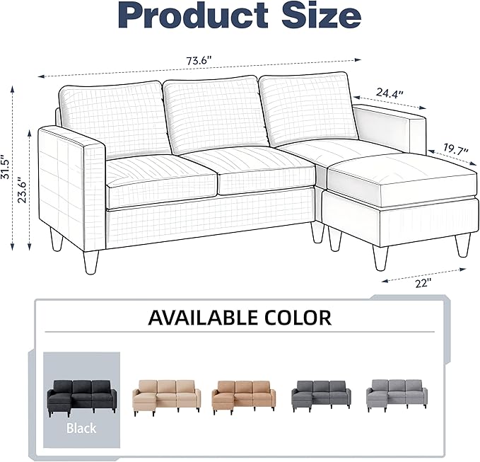 SUNLEI 73.6 Modular Sectional Sofa Comfy Cloud Couch with Movable Ottoman Deep Seat L Shaped Modular Sofa Sectional Couches for Living Room and Apartment Black