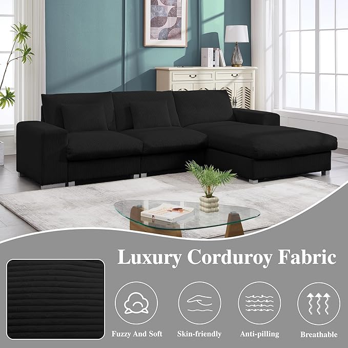 113 Inch Modular Sectional SofaModern l-Shaped Deep Seats Corduroy CouchSponge Couches with Chaise Lounge for Living Room Or Bedroom (Black)