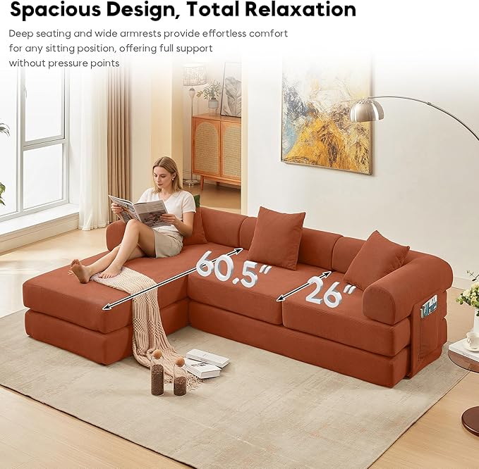 L Shaped Modular Sofa Bed with Cylindrical Pillow &amp Reversible Chaise Corduroy Folding Floor Convertible Sofa Couch Bed with Fixed-Shape Frame &amp Storage Pocket for Living Room Orange