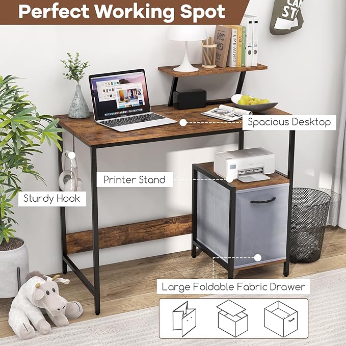Giantex Computer Desk with Drawer and Power Outlet Home Office Desk with Reversible Storage Drawer &amp Raised Shelf Computer Workstation with Hook Industrial Study Writing Desk for Study Bedroom