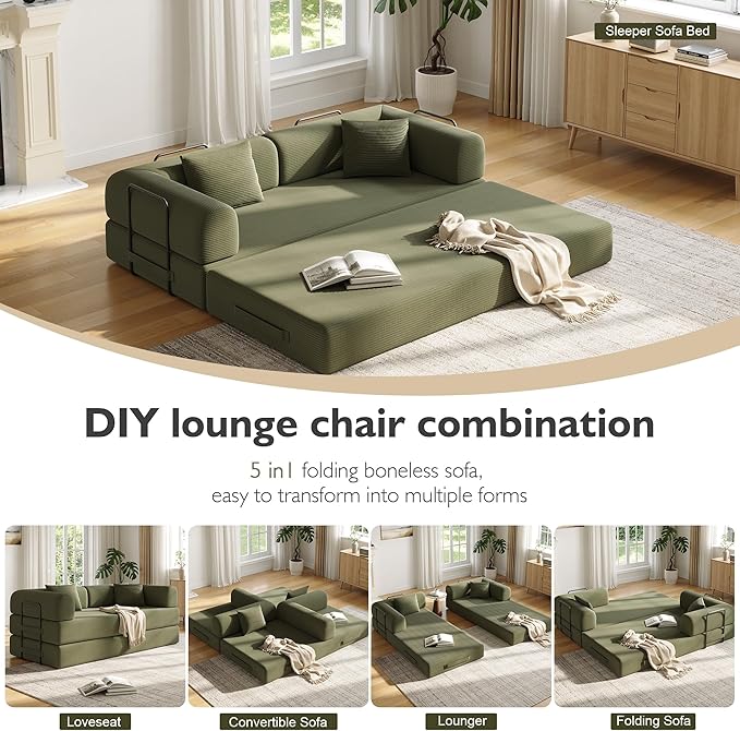 79in Convertible Sofa Bed Corduroy Boneless Couch Bed Futon Sleeper Sofa Pull Out Bed Foldable Couch for Living Room Apartment No Assembly Required