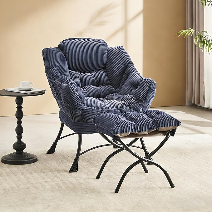 Bellemave Lazy Chair with Ottoman Lounge Accent Chair with Armrests and Side Pocket Leisure Upholstered Sofa Chairs with Footrest for Small Space Reading Chairs for Living Room Bedroom (Navy Blue)