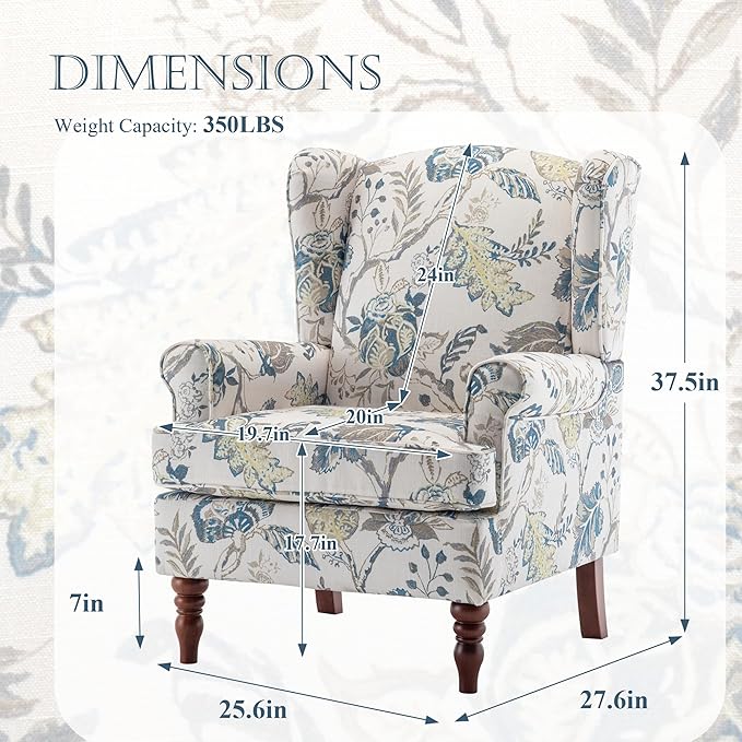 MELLCOM Floral Accent Chair High Back Upholstered Armchair with Solid Legs Leisure Single Sofa Chair for Living Room Bedroom Home Office Blue Floral