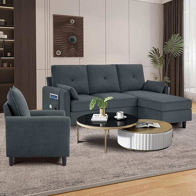 Convertible Sectional Sofa 77 Small L Shaped 3 Seat Couch with Reversible Storage Chaise and Accent Chair Set Modern Polyester Fabric Sofa Couches for Living Room Apartment Dark Grey