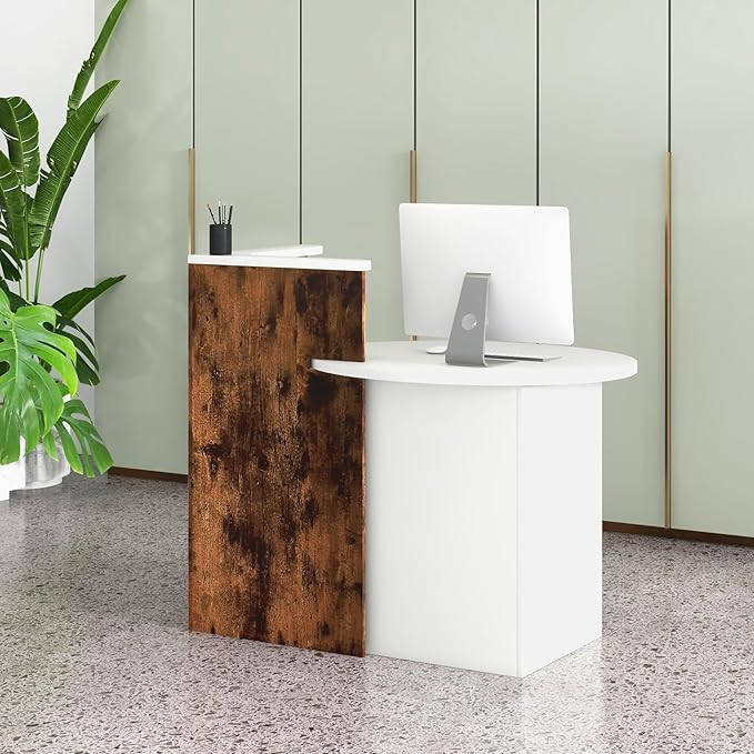 Reception Desk Small Retail Checkout Counter with Lockable Drawer and Open Shelves Wooden Front Desk Reception Counter Oval Desktop &amp L Counter for Store Office Lobby Salon (Brown)