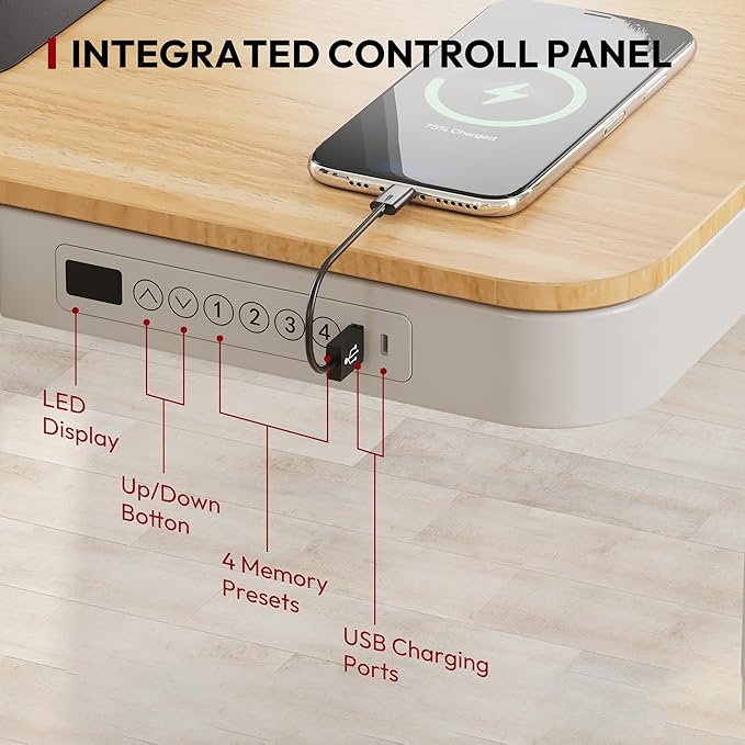 SANODESK Standing Desk with Drawer Electric Height Adjustable Home Office Desk with Storage &amp USB Ports 48 inch Maple Wood Tabletop/White Frame