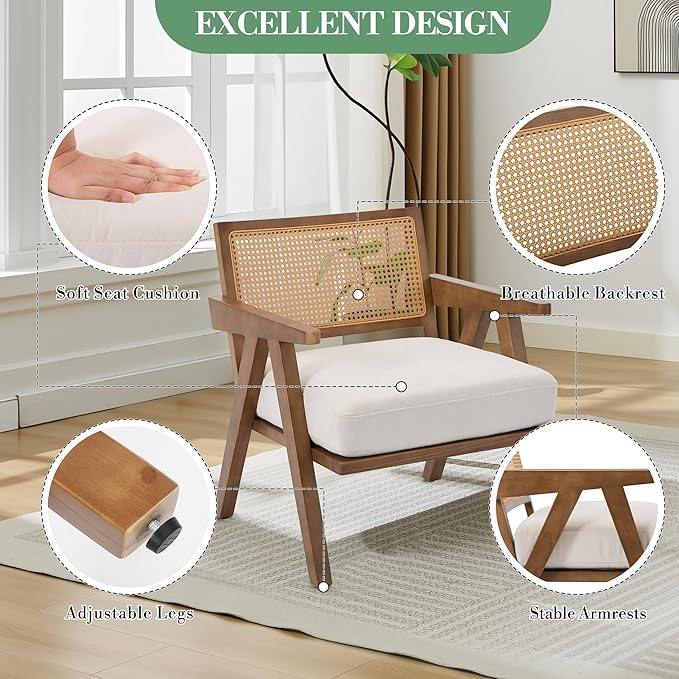 Garvee Mid-Century Modern Accent Chair Linen Upholstered Lounge Chair with Wood Frame Soft Cushion - Comfortable Reading Armchair for Living Room Bedroom Office - Beige 1 PCS