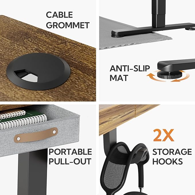 Seang Standing Desk with Drawer 55 x 24 Height Adjustable Stand Up Desk 3 Memory Height Settings with Cable Grommets &amp Storage Hooks Ideal for Home &amp Office Rustic Brown