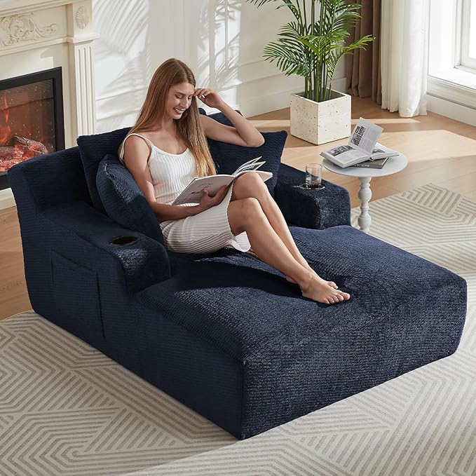66 Oversized Chaise Lounge Chair Indoor Modern Upholstered Deep Seat Sofa Bed Sleeper Couch Reading Chairs Comfy Corduroy Cloud Sofas Couches for Living Room No Assembly Dark Blue