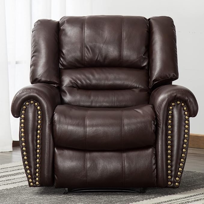 CANMOV Leather Recliner Chair Classic and Traditional Manual Recliner Chair with Comfortable Arms and Back Single Sofa for Living Room Brown
