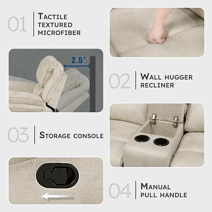 Lexicon Manual Double Reclining Loveseat with Center Console Polished Microfiber Wall Hugger Loveseat Recliner for Living Room Cup Holders Foam Over Pocket Coils Seats Pillow Top Arms Sand