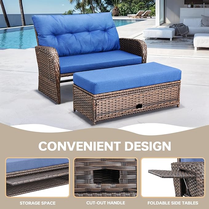Patio Rattan Daybed Wicker Recliner Loveseat for Two with Multifunctional Recliner and Stowable Side Tray 5 Level Adjustable Backrest (Brown Wicker/Blue Cushion)