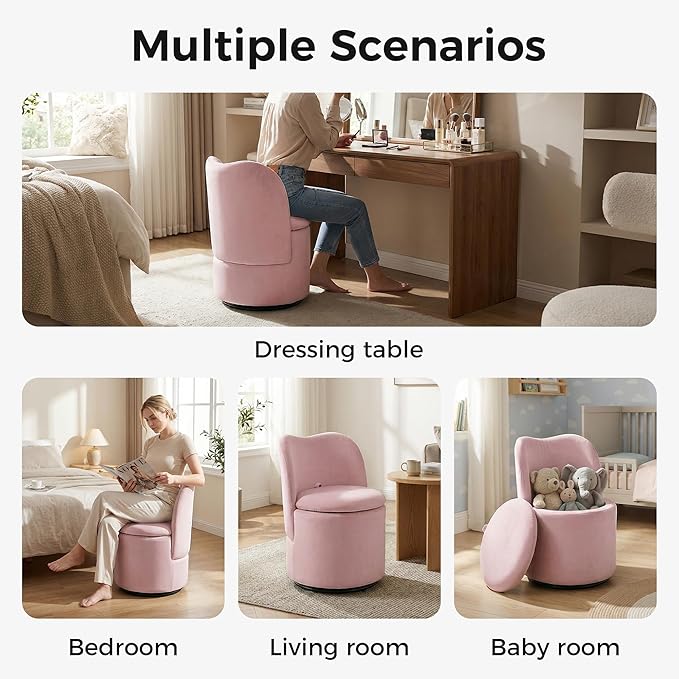 Velvet Vanity Chair with Storage 360° Swivel Makeup Chair with Back Modern Swivel Accent Stool Barrel Chair Upholstered Ottoman Vanity Stool with Back for Bedroom Dressing Living Room Pink