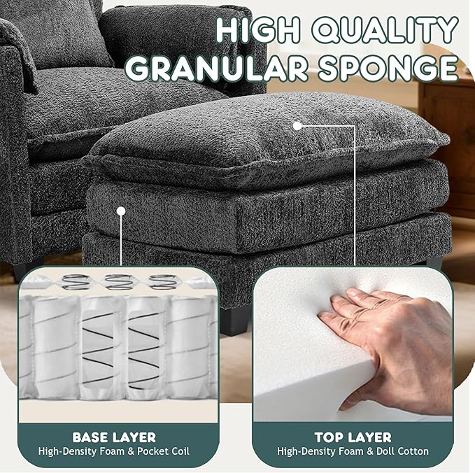 KEIKI Boucle Oversized Reading Chair with Storage &amp Ottoman 40 W Modern Accent Chair W/Double Deep Cushion Seating Comfy Upholstered Single Sofa Lounge Armchair for Living Room Bedroom Drak G