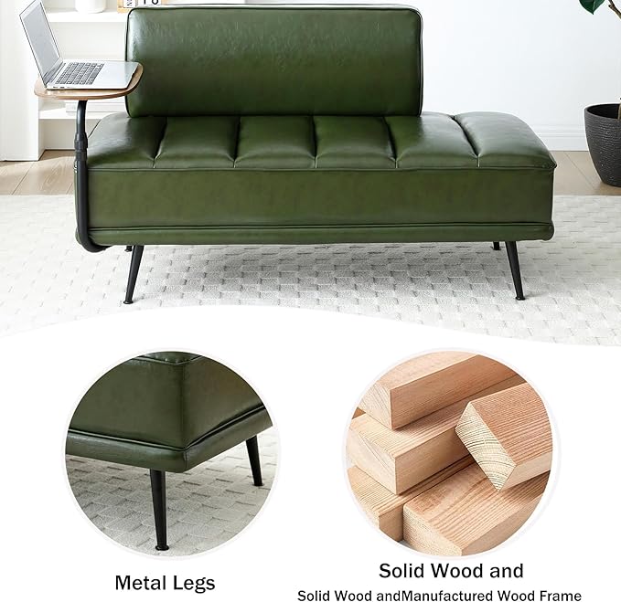 Anwick 55 PU Leather Small Sofa Loveseat Couch with Side Table Modern Upholstered Bed End Bench with Back for Bedroom Living Room Office Entryway (Green)