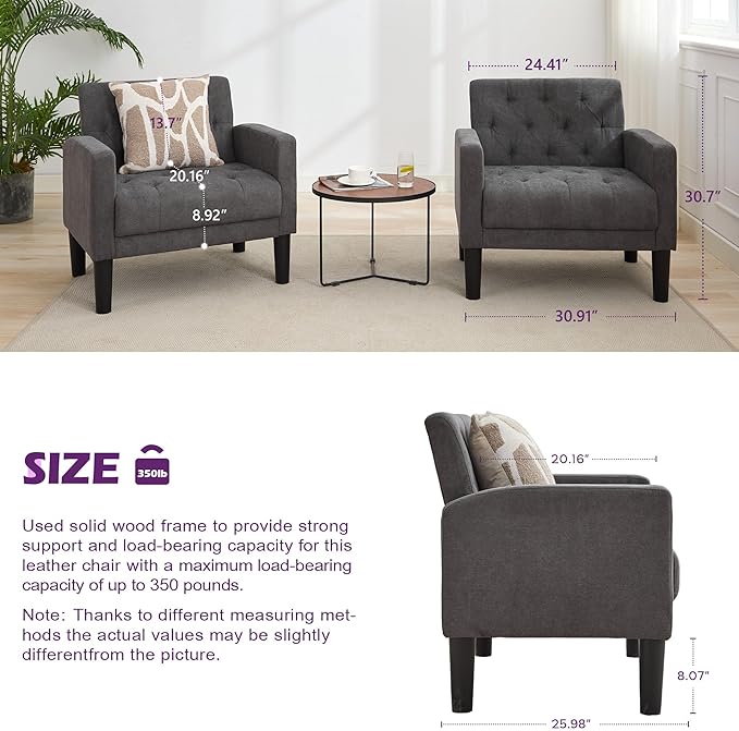 TYBOATLE Accent Chairs Set of 2 Mid Century Modern Upholstered Tufted Living Room Chair for Bedroom Armchair for Waiting Room Reading Chair for Office Grey