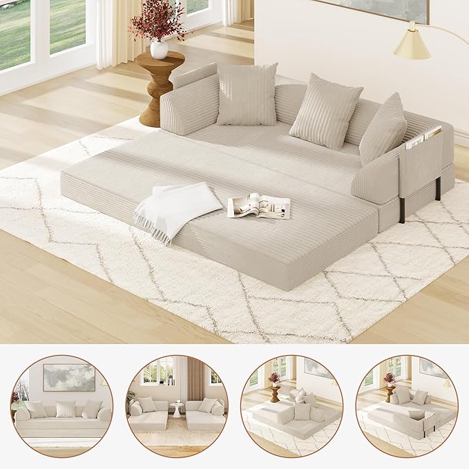 Folding Convertible Sofa Bed with 3 Pillows 79  Corduroy Boneless Couch with Armrest Pockets Lounge Loveseat Sleeper with Pull Out Bed Memory Foam Compressed Sofa for Living Room Bedroom Beige