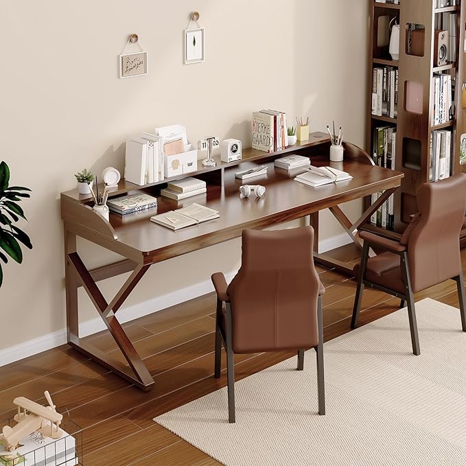 Long Desk with Monitor Stand - 63 Double Long Computer Table for 2-Person Workstation Large Writing Study Work Desk for Home and Office Walnut