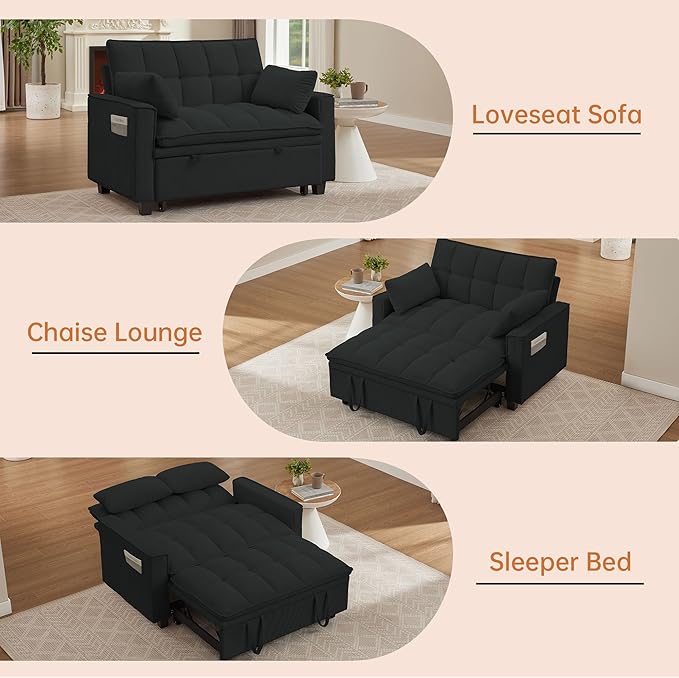 Futon Sofa Bed3 in 1 Convertible Sleeper Sofa with Pull Out BedSmall Loveseat with Adjustable BackrestLinen Futon Couches for Living RoomBlack
