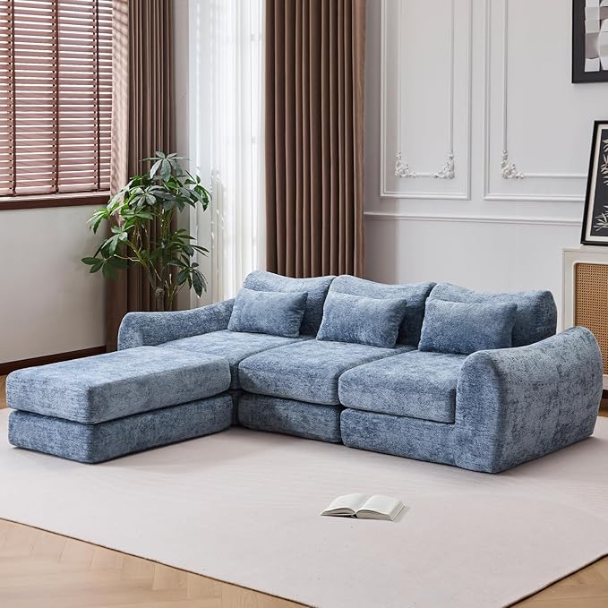 105” Modular Sectional Sofa Convertible Sofa BedTransforms into Single or Double Sofa Chenille Fabric Cloud SofaModern Soft Boneless Comfort No Assembly Required Blue