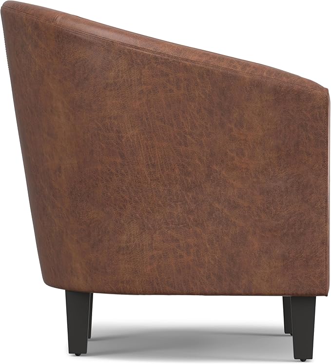 SIMPLIHOME Austin Tub Chair - 30 inch Wide Upholstered Faux Leather Contemporary Accent Chair in Distressed Saddle Brown for Living Room or Study with High Arms Removable Cushion