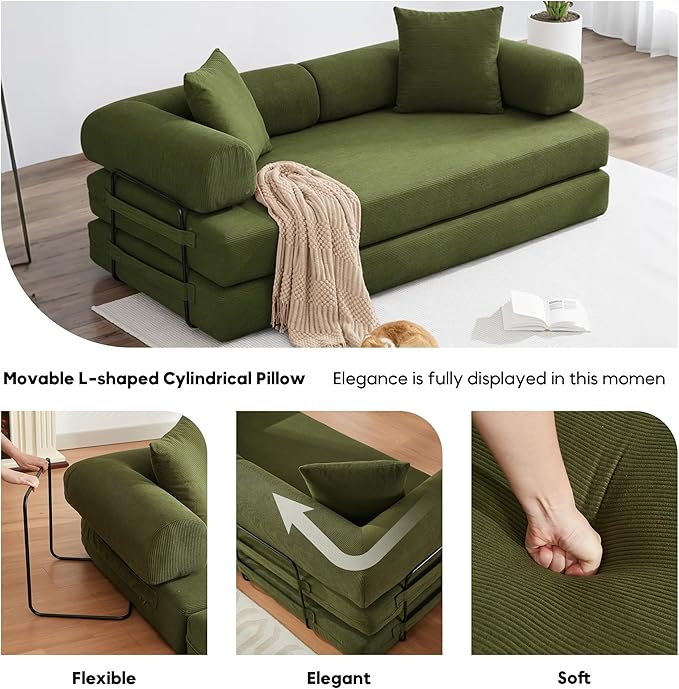Convertible Sleeper Sofa Bed with Cylindrical Pillow Corduroy Folding Mattress Couch with Fixed-Shape Frame Floor Sofa Lounge Couch for Living Room Bedroom Lounge Studio-Green