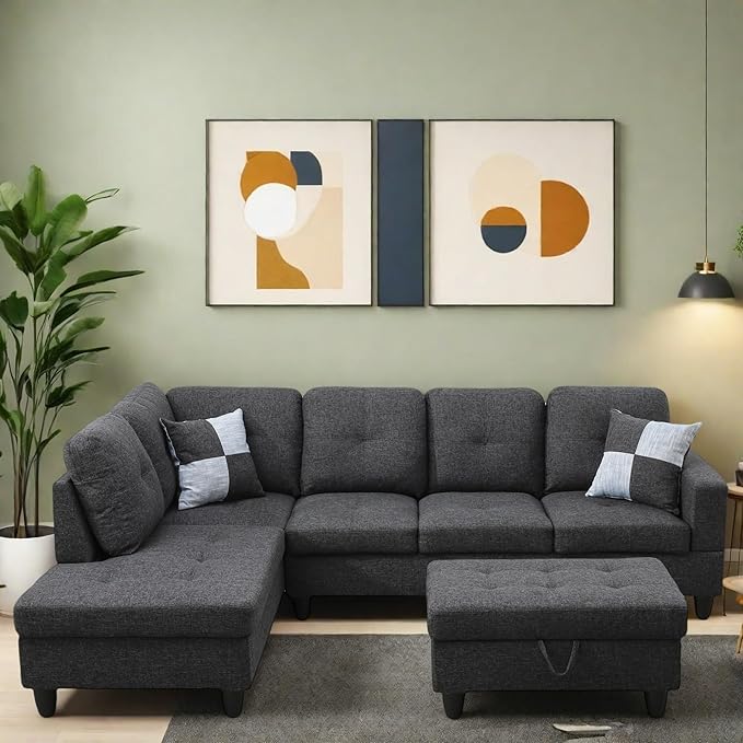 Sectional Couches for Living Room Furniture Sets 4 Seat U Shaped Sectional Couch with Storage Adjustable Couch with Armrests and Ottoman for Apartment Grey