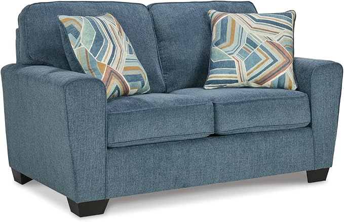 Signature Design by Ashley Cashton Contemporary Loveseat Exposed Feed With Faux Wood Finish Accent Pillows Fabric Upholstery 63 W x 38 D x 39 H Blue