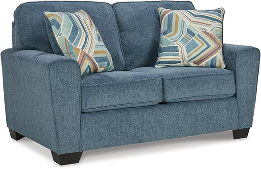 Signature Design by Ashley Cashton Contemporary Loveseat Exposed Feed With Faux Wood Finish Accent Pillows Fabric Upholstery 63 W x 38 D x 39 H Blue