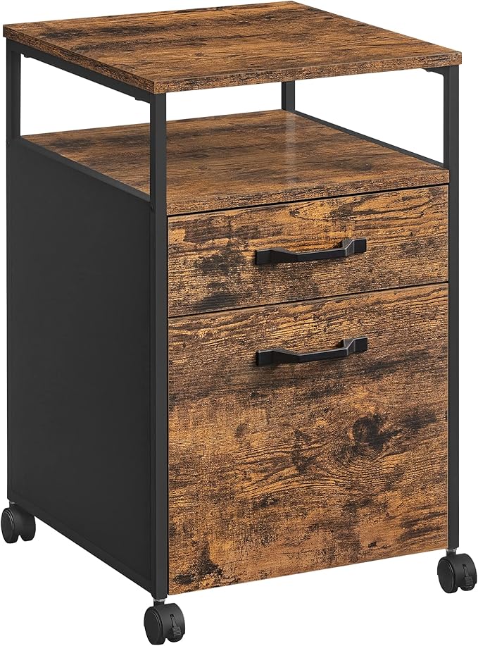 VASAGLE File Cabinet Mobile Filing Cabinet with Wheels 2 Drawers Open Shelf for A4 Letter Size Hanging File Folders Rustic Brown and Ink Black UOFC71X