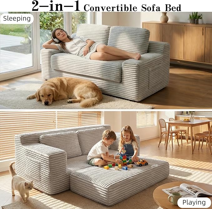 71 Corduroy Cloud Loveseat Sofa Bed Pull Out Convertible 2-in-1 Boneless Couch Deep Seat 2-Seater Design No Assembly Floor Sofa with Side Pockets for Living Room Bedroom Apartment (Grey)